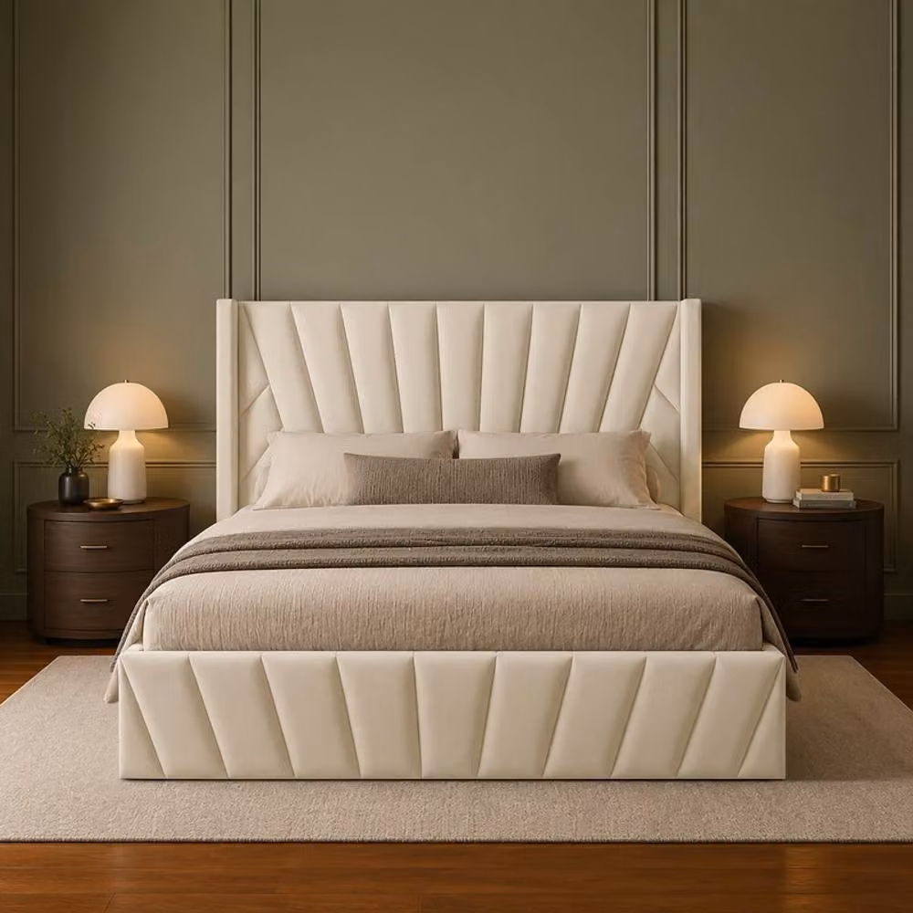 Desire Deco Novada Wingback Storage Bed in Beige Plush Velvet, King Size (W/D/H: 180 x 200 x 137 cm) – 1