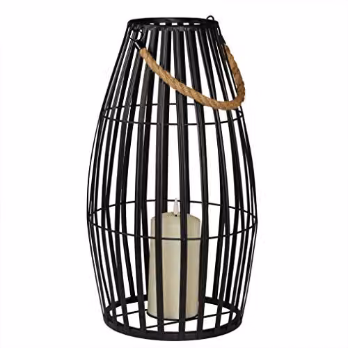 Lights4fun Canberra Large Black Slatted Metal Outdoor Lantern with TruGlow Warm White Flickering LED Candle and Remote Control – 2