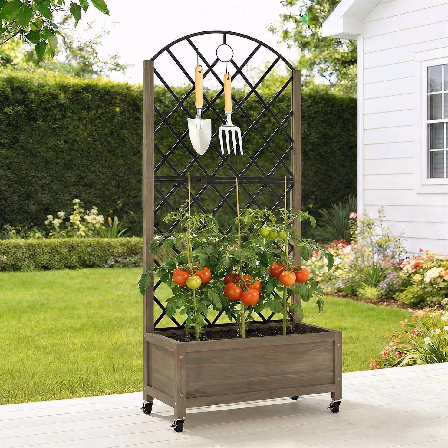 Outsunny Brown Carbonised Wood Raised Garden Bed with Metal Trellis and Lockable Wheels – 8