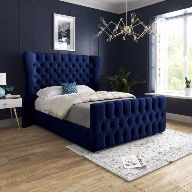 Lika Soft Velvet Upholstered Wide Curved Winged Bed Frame in Blue, Superking, 200 x 200 cm