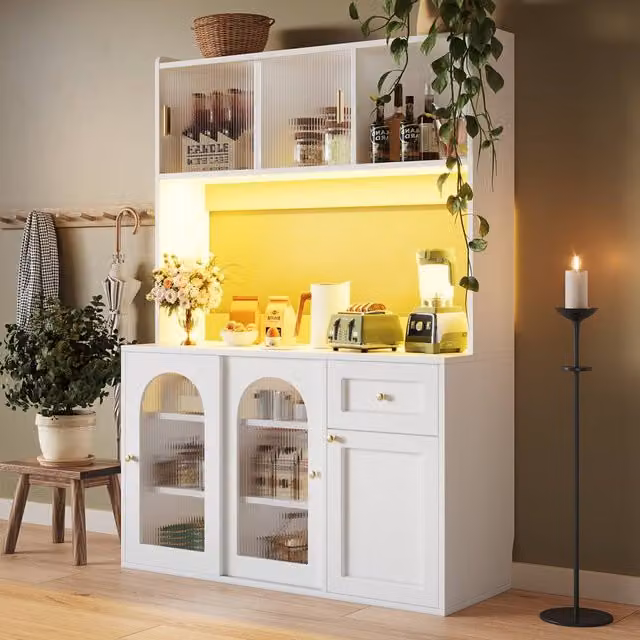 Merax White Kitchen Pantry Cabinet with LED Light, Hutch and Worktop, W/D/H: 120 x 35 x 167 cm