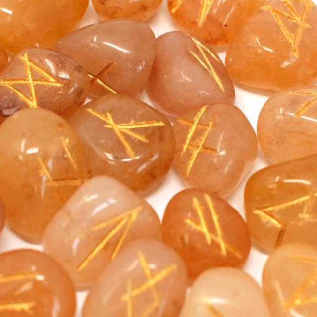 KDMK Aventurine Runes Stone Set in Pouch, Yellow and Red
