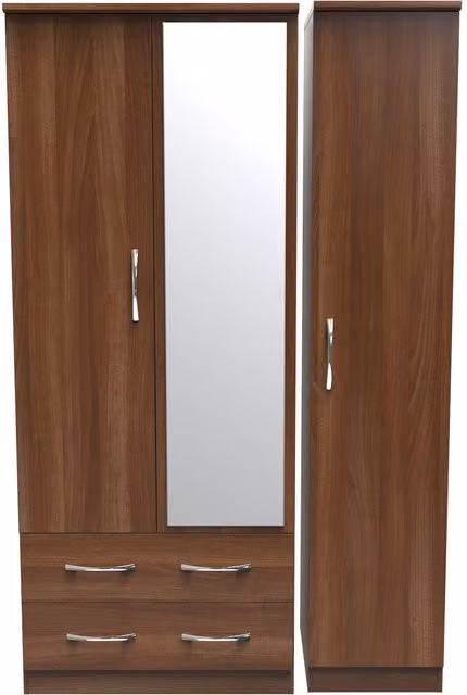 Ready Assembled 2 U Hampshire Triple Mirrored Wardrobe with 2 Drawers in Walnut