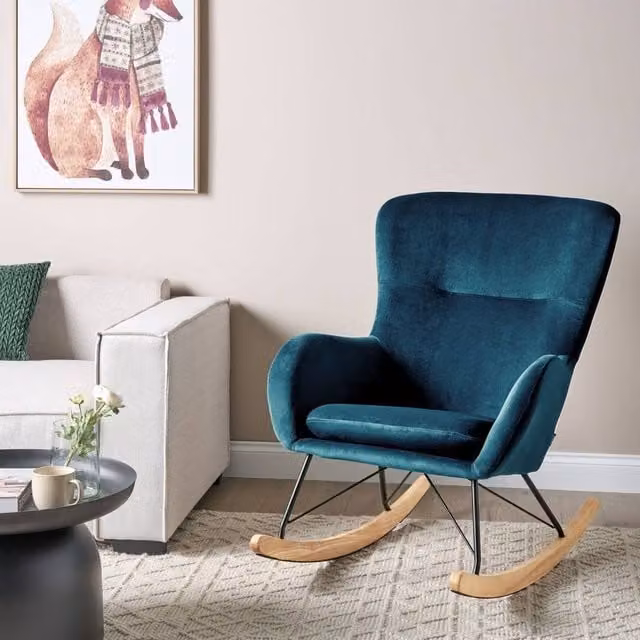 Wyld and Coco Blue Velvet Shell Rocking Chair with Armrests and Mixed Metal and Wood Legs