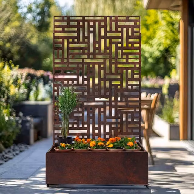 Nicoman Freestanding Metal Outdoor Privacy Screen Paravent with Plant Pot in Black, Bronze or Brown