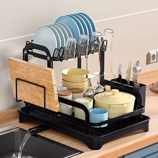 EONLION 2 Tier Black Wire Cutlery and Cup Draining Holder with Drip Tray – 1