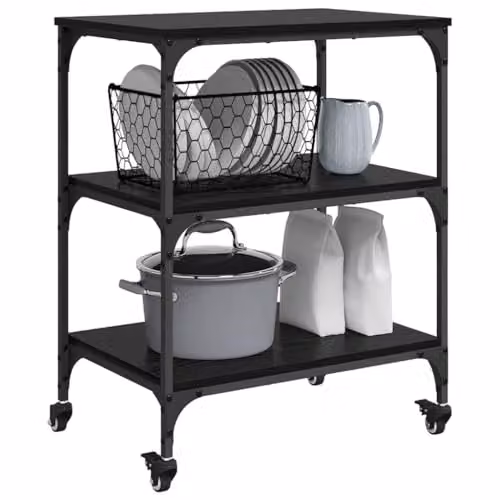 vidaXL Industrial Kitchen Trolley in Black Oak with Castors, W/D/H: 60 x 41 x 76 cm