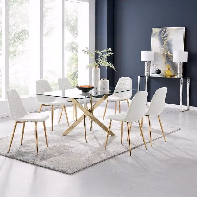FurnitureboxUK Leonardo Dining Table with Six Corona Gold Leg Chairs, White and Transparent Glass, W: 150 cm