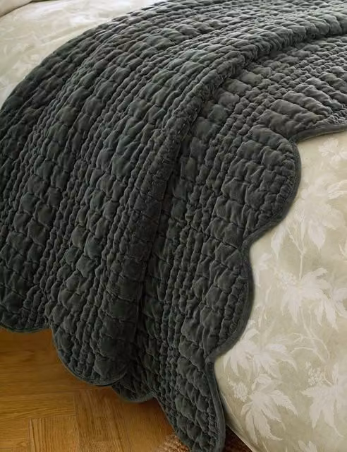 Laura Ashley Quilted Velvet and Cotton Scalloped Bedspread in Green