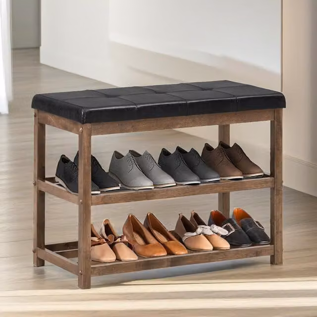 Pirlo Plush 2 Tier Wooden Shoe Rack Bench in Brown with Synthetic Leather Upholstery
