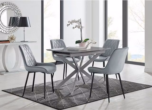FurnitureboxUK Lira Grey Metal Extending Rectangular Dining Table and 4 Pesaro Black Leg Chairs Set