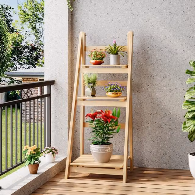 Komore Brown Wooden Foldable Ladder Shelf for Plants