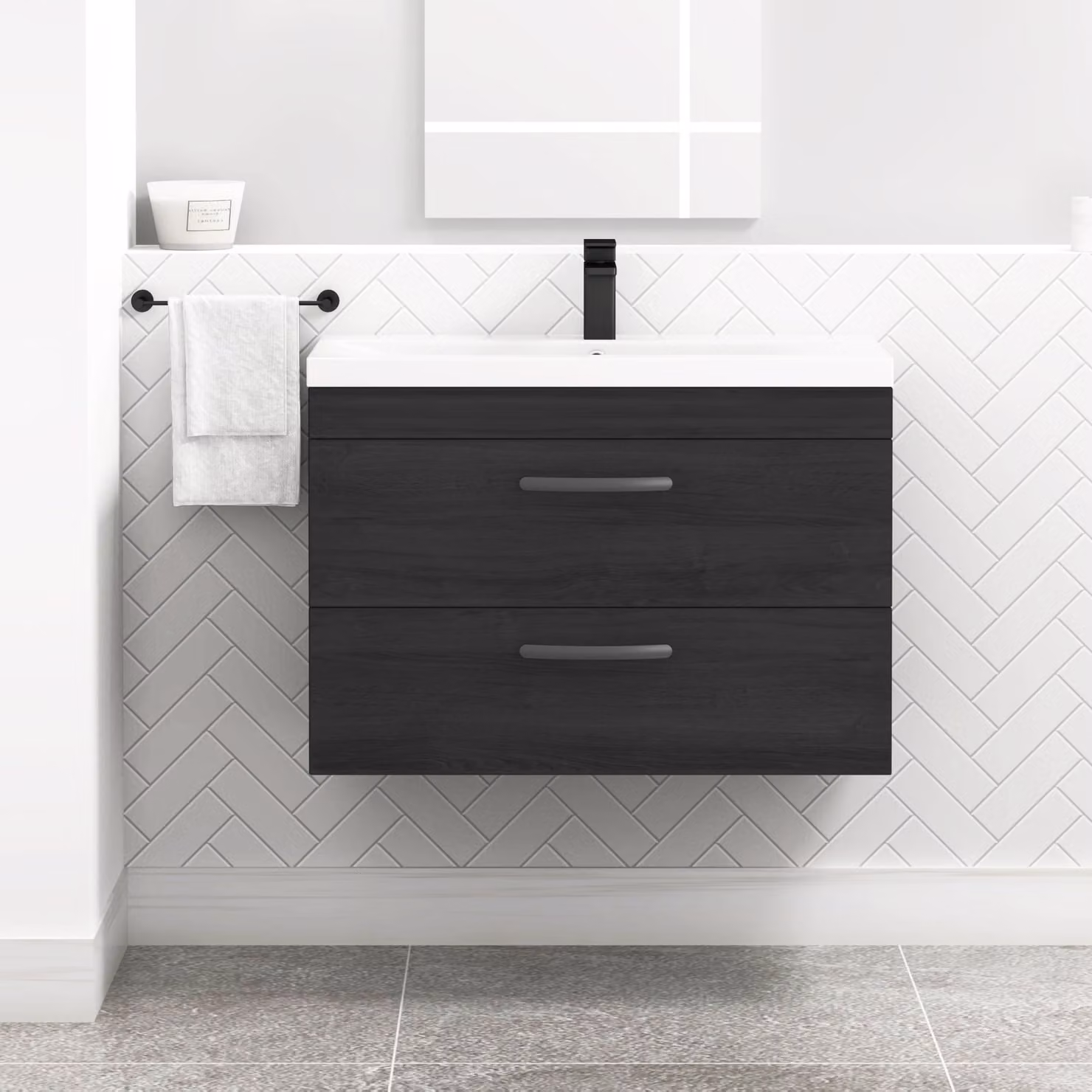 Royal Bathrooms Turin 800mm Wall Hung Vanity Unit in Hale Black with 2 Drawers and Matt Black Handles