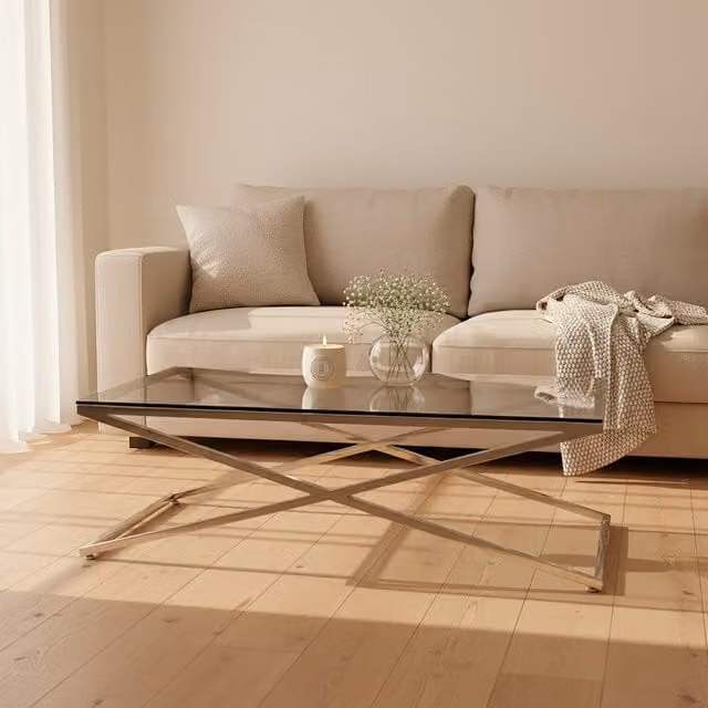 Orsina Geometric Glass Top Coffee Table with Silver X-Frame, W/D/H: 130 x 65 x 40 cm – 1
