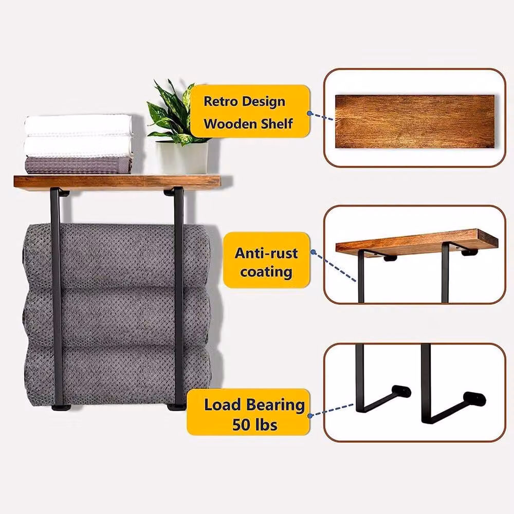 KORVIXA Brown Wood Bathroom Towel Rack and Rolled Towel Storage Shelf, W: 80 cm, H: 50 cm – 3