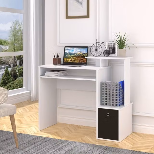 HOMCOM Modern White Computer Desk with Sliding Keyboard Tray and Shelf for Home Office