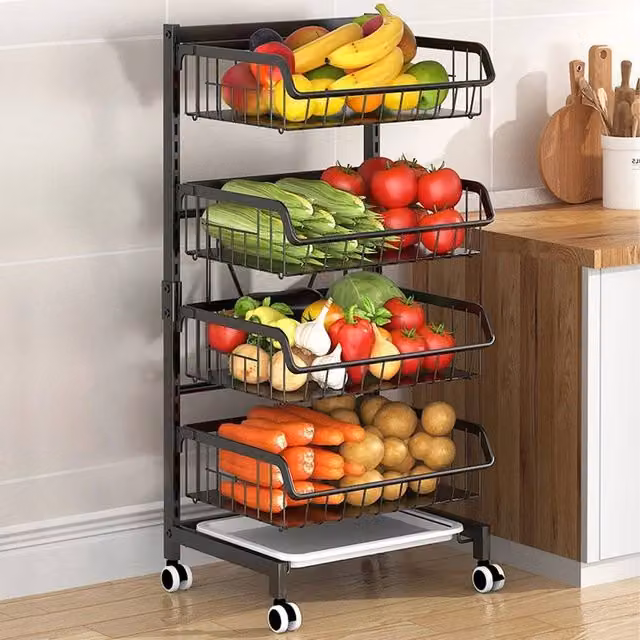FORGEVIO 4 Tier Black Metal Fruit Trolley Basket Rack with Castors