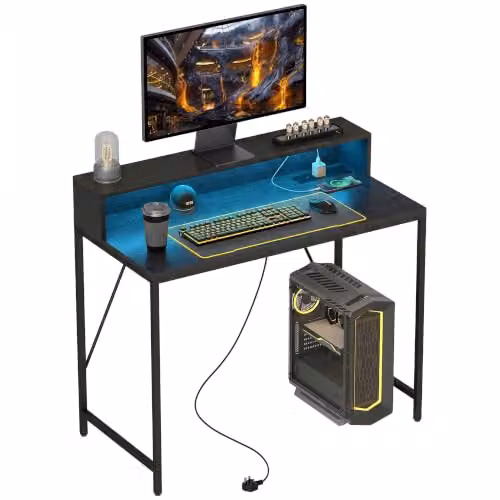 HOMCOM Black Wood-Effect Computer Desk with LED Lights and Power Outlets, W: 100 cm, D: 50 cm, H: 76 cm – 1