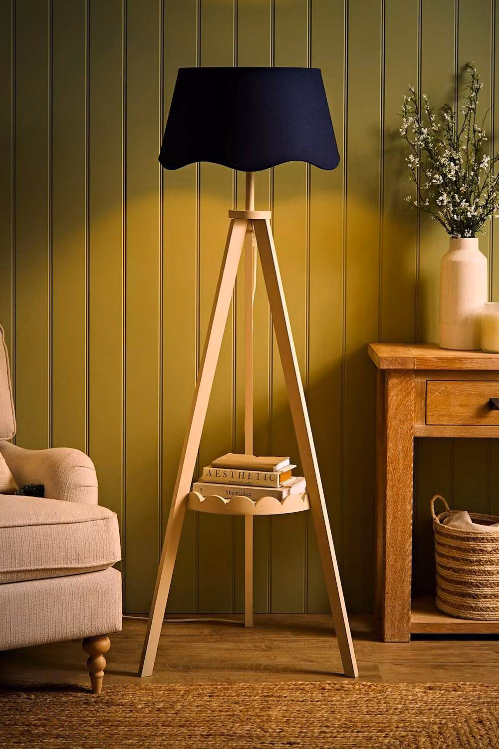 ValueLights Morrigan Cream Wood Scallop Shelf Tripod Floor Lamp with Navy Blue Fabric Shade and Bulb – 3