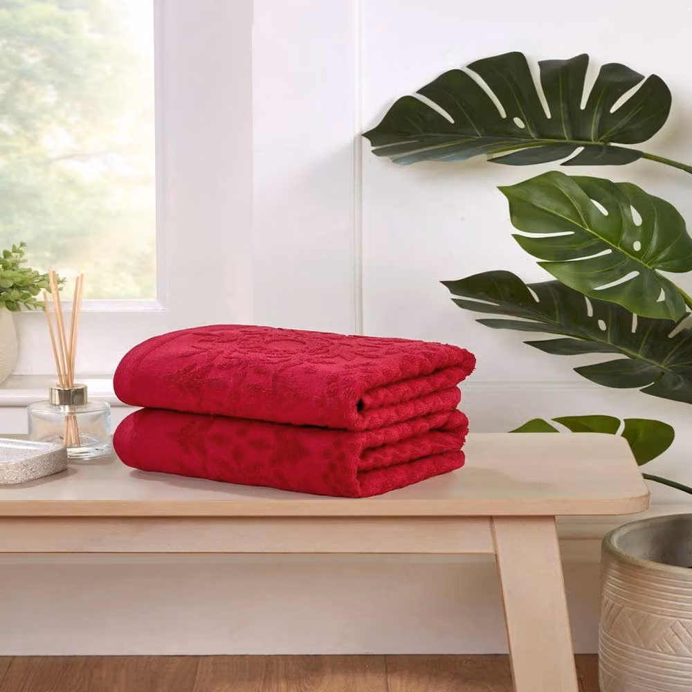 Rapport Home Versailles Jacquard Cotton Towel and Sheet Set in Red, Brown and Green Floral Design – 3