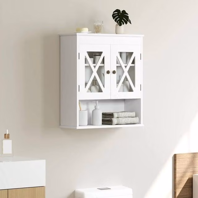 KORVIXA Wall Mounted Medicine Cabinet in White with Acrylic Doors, W: 90 cm, H: 65 cm – 1