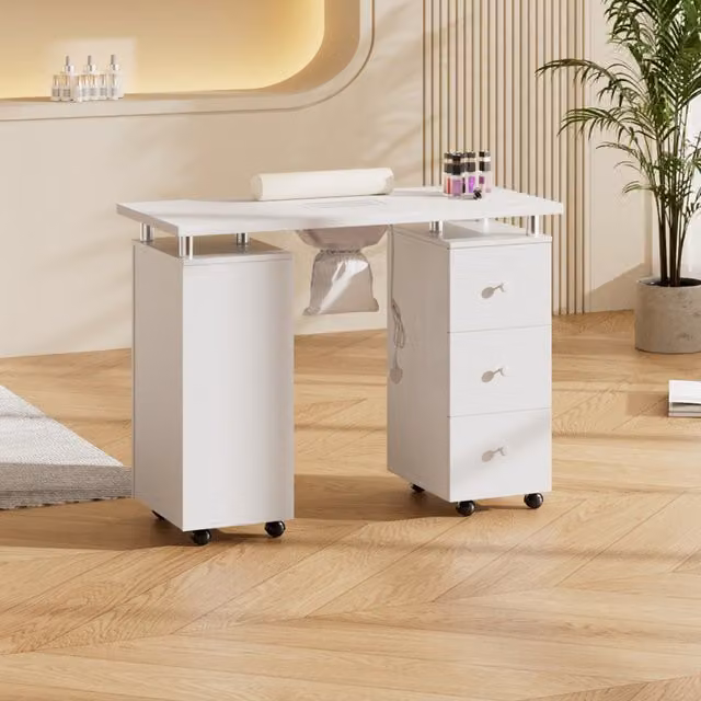 Livingandhome Mobile Manicure Table with Dust Collector and Wrist Cushion in White