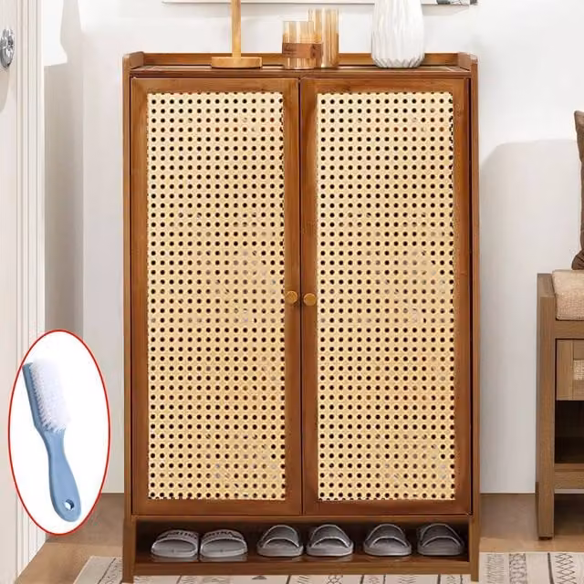 SPETLEK Brown Shoe Cabinet Storage Cupboard with Hinged Doors and Internal Shelves, W/D/H: 94 x 32 x 32 cm