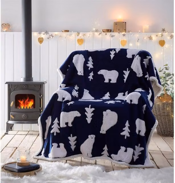 Porfolio Living Polar Bear Sherpa Fleece Throw, Blue and White, W: 130 cm, L: 170 cm