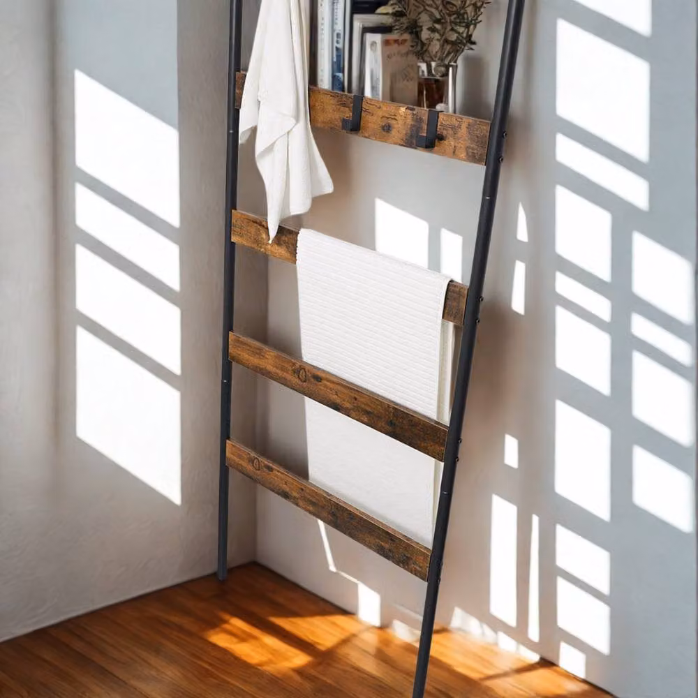Pirlo Plush 5-Tier Brown Towel and Blanket Ladder Shelf Rack with Hooks – 4