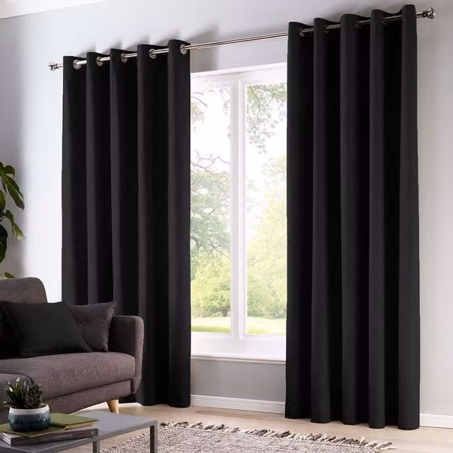 Fusion Sorbonne 100% Cotton Light Filtering Plain Dyed Eyelet Curtains in Black, Width: 229 cm, Drop: 183 cm – 1
