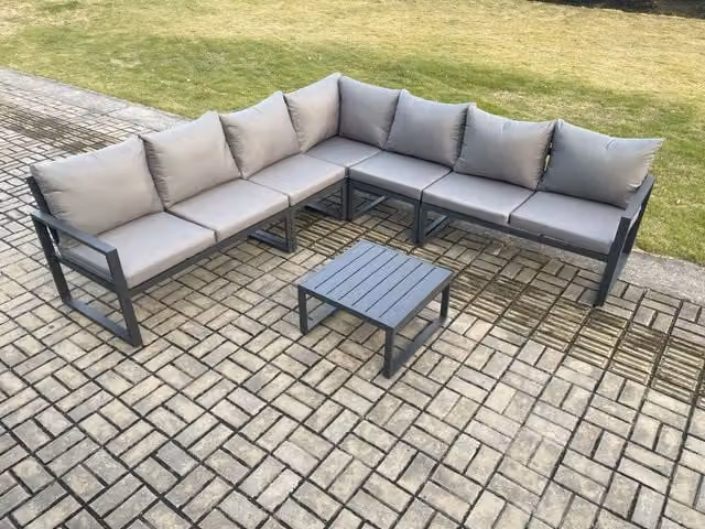 Fimous Modern L-Shape Outdoor Garden Furniture Set in Dark Grey with Powder Coated Aluminium Frame, Ottoman, Corner Sofa and Glass Coffee Table