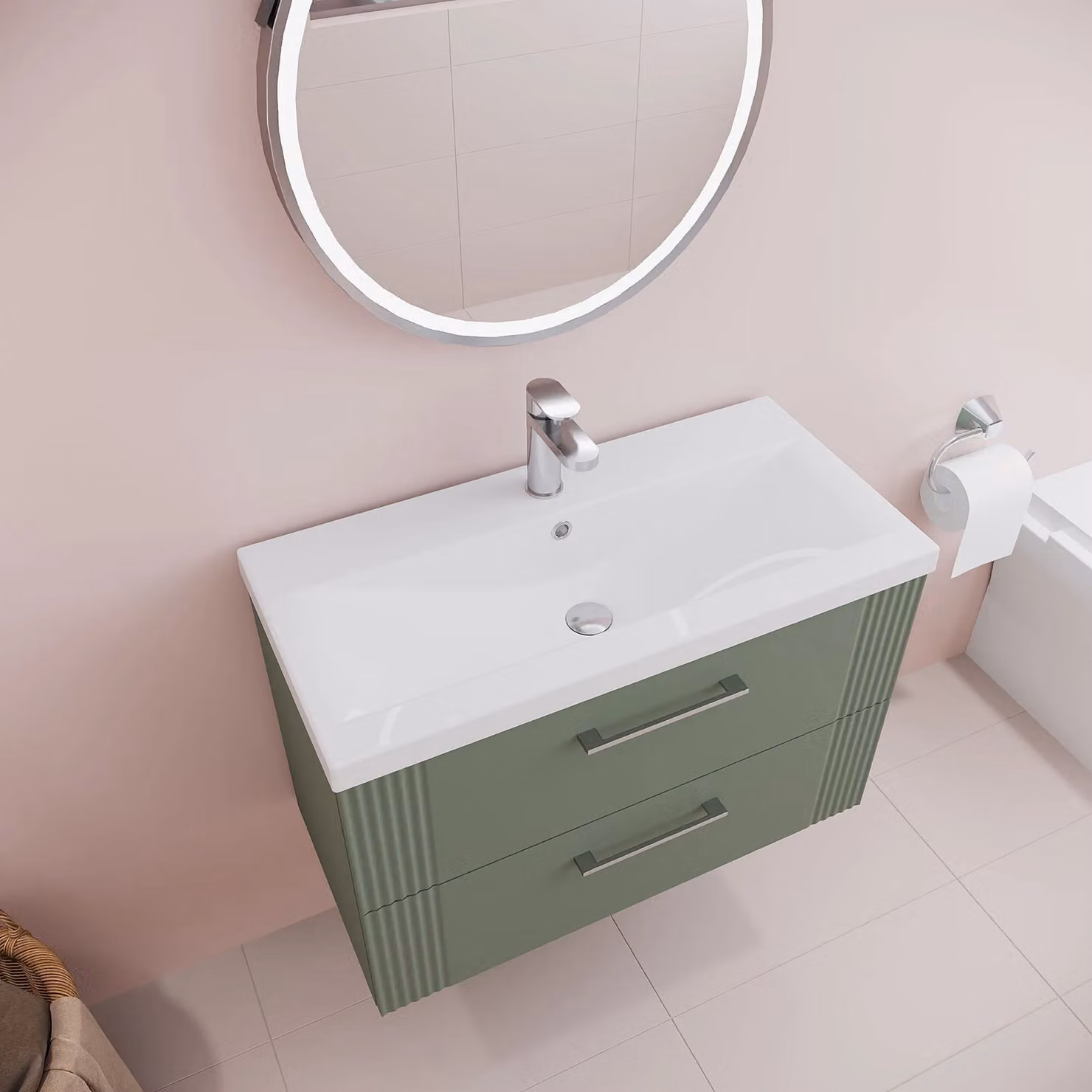 Balterley Wall Hung 2 Drawer Vanity Unit with Mid-Edge Basin, Satin Green – 3