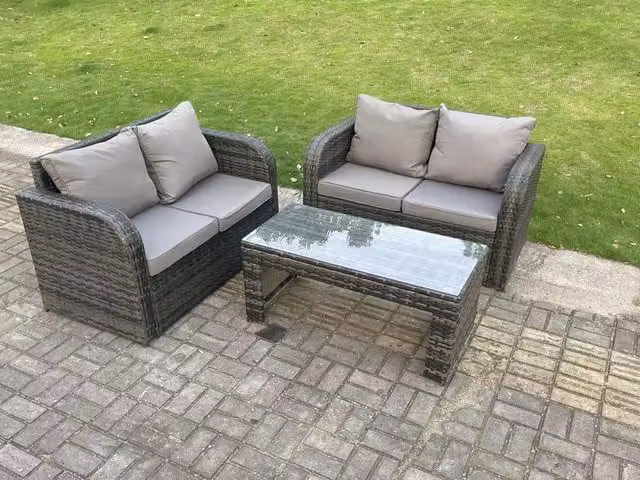 Fimous Dark Grey Rattan Garden Furniture Set with 2 Seater Love Sofa and Rectangular Coffee Table