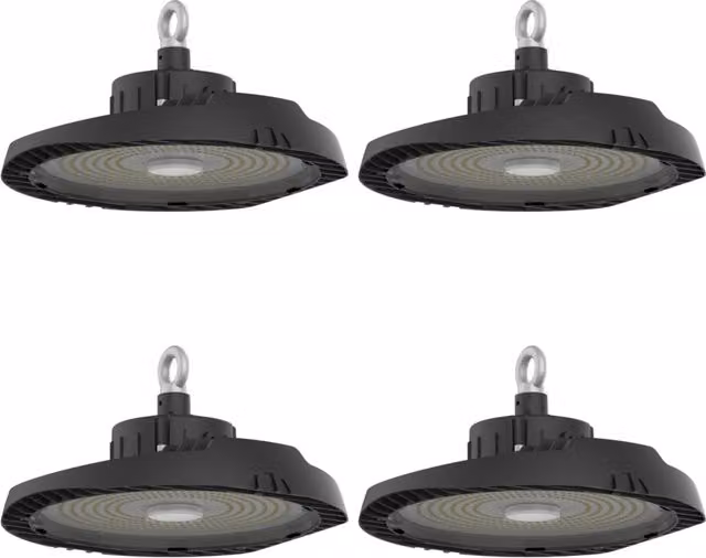 First Choice Lighting Set of 4 High Bay Outdoor Ceiling Pendant Lights in Black and Transparent Glass