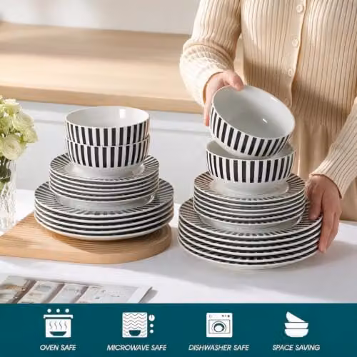 Waterside 12-Piece Black and White Striped Porcelain Dinner Set – 4