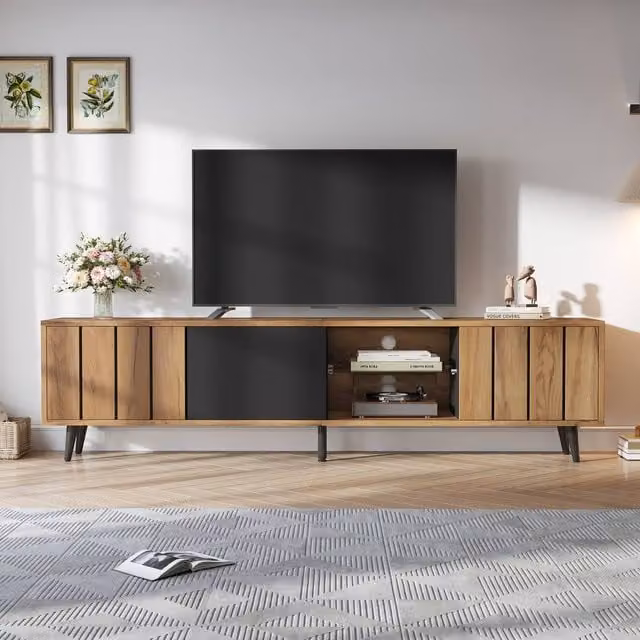 Rolipo Modern Wood and Glass TV Stand in Brown and Black, W: 175 cm – 1