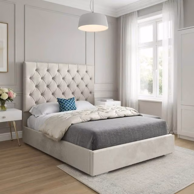 KDMD Finsbury Upholstered Chesterfield Bed Frame in Beige Velvet, Size: Single (W: 90 cm, D: 200 cm, H: 137 cm)