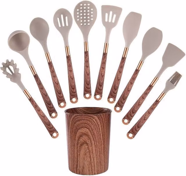 VOGREX 10-Piece Heat Resistant Silicone and Wood Kitchen Utensil Set in Brown – 1