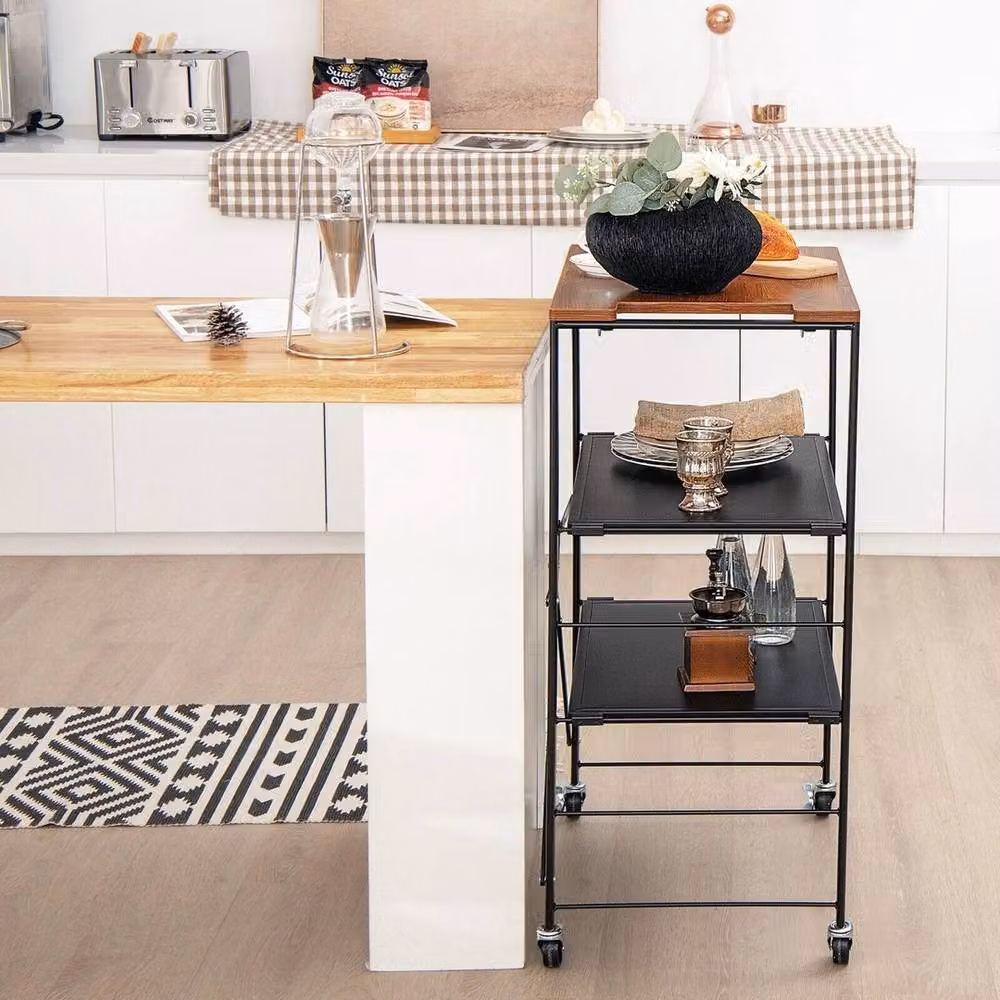 VOGREX 3-Tier Foldable Rolling Storage Trolley in Black with Adjustable Shelves – 4