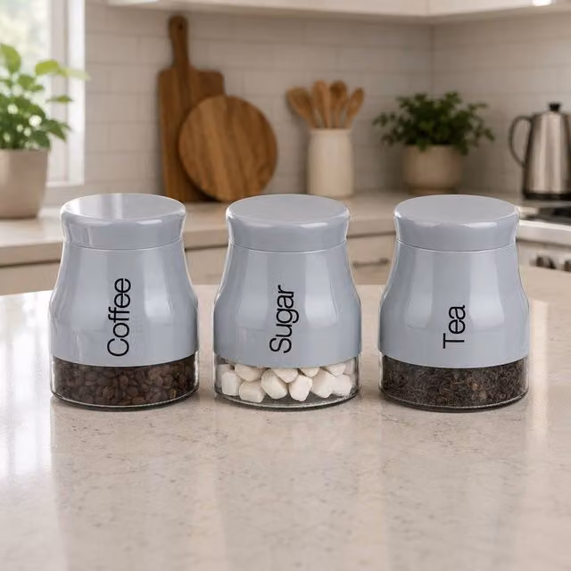 Gr8 Home Set of 3 Grey Glass Kitchen Storage Canisters for Tea, Coffee and Sugar – 2