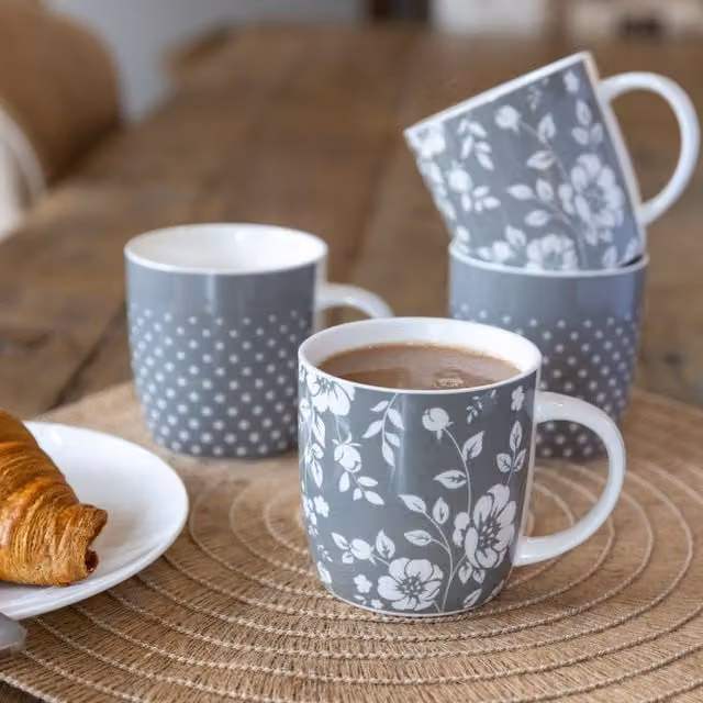 KitchenCraft 4-Piece Grey Floral and Polka Dot Ceramic Mug Set