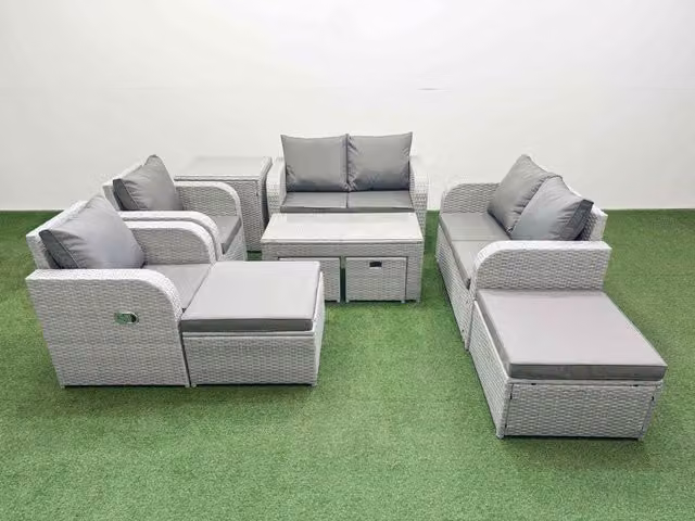 Fimous PE Wicker Rattan Garden Furniture Set with Love Sofa and Coffee Table in Light Grey
