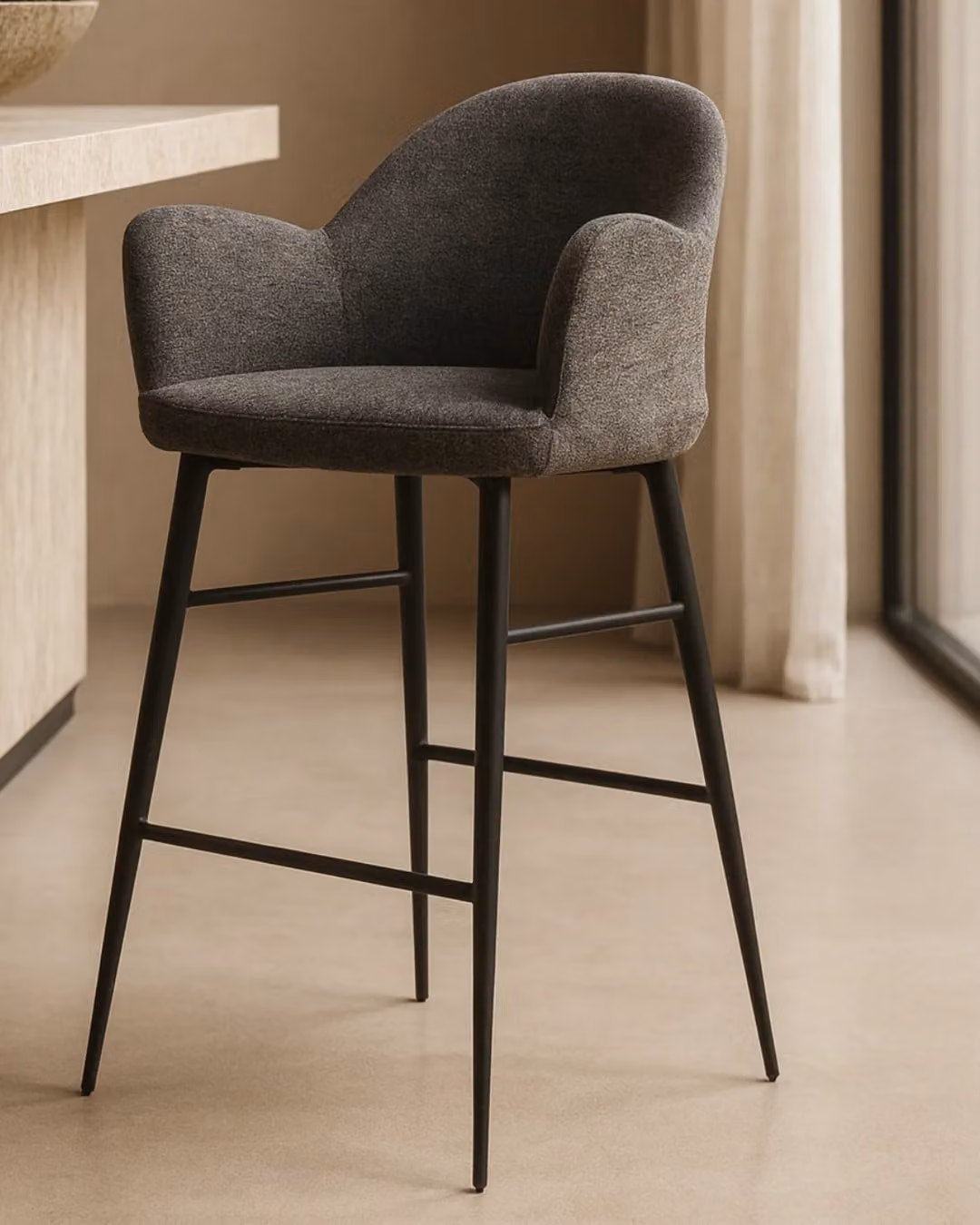 Tommy Franks Sutro Bar Stool in Black and Grey Fabric with Matt Metal Frame, H 96.0 x W 34.0 x D 54.0 cm