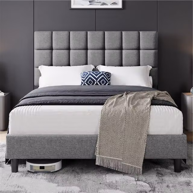 Yaheetech Modern Upholstered Bed Frame with Square Tufted Headboard in Grey, W/D/H: 180 x 200 cm
