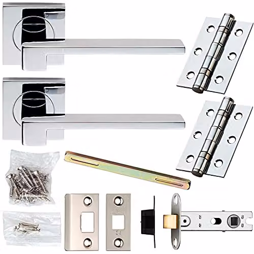 Loops Chrome Modern Flat Slim Bar Door Handle and Latch Pack with Square Rose