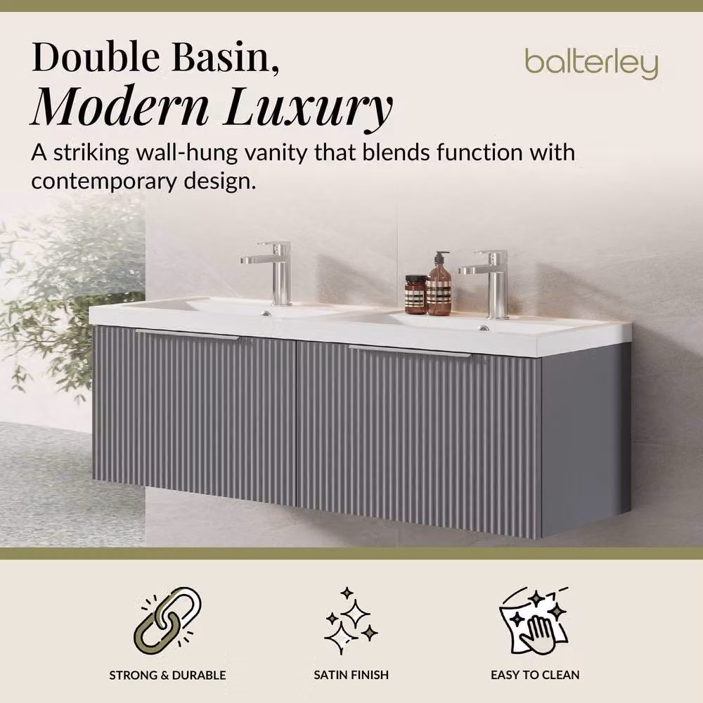 Balterley Fluted Wall Hung 2 Drawer Vanity Basin Unit and Basin, Satin Grey, Width: 120 cm – 2