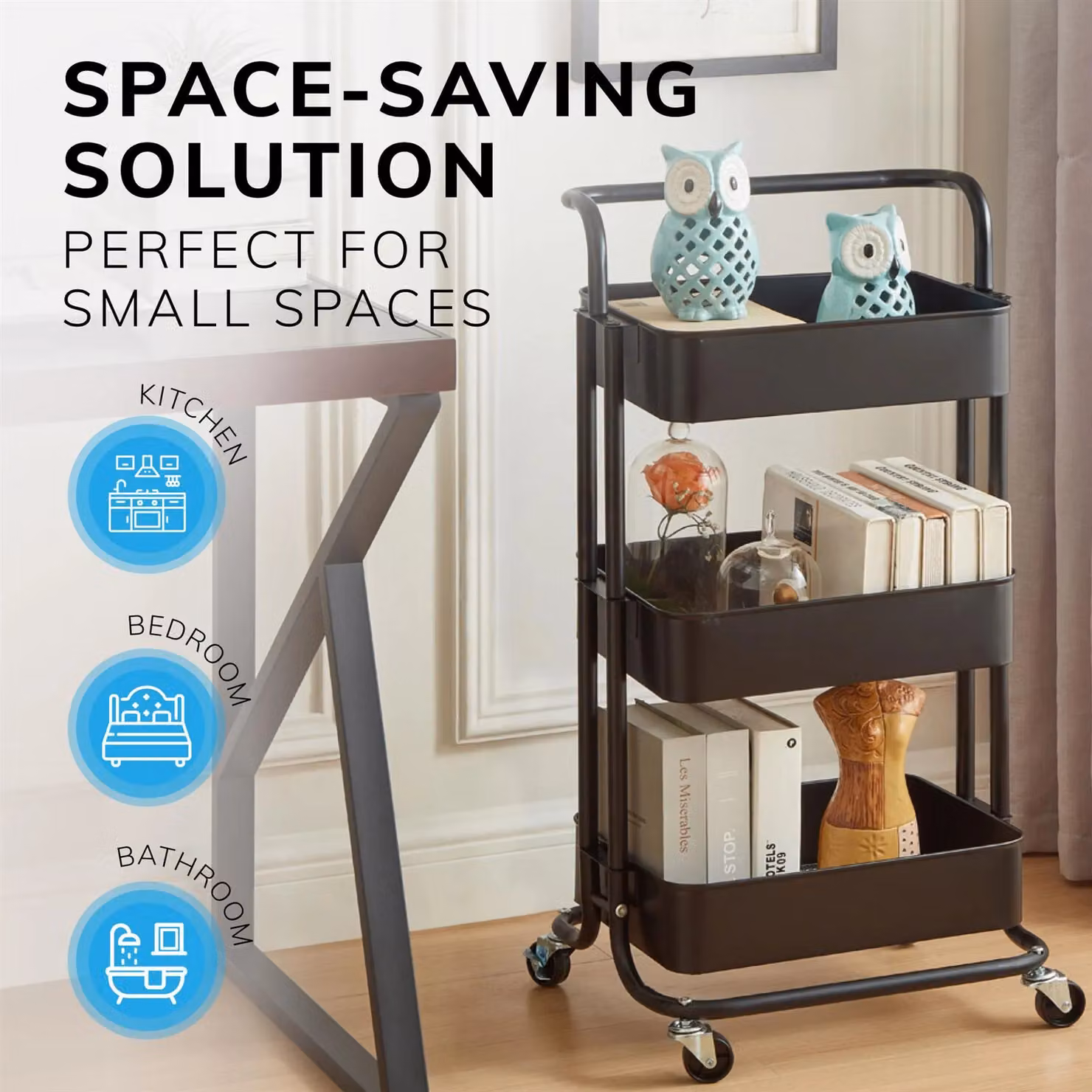 House of Home 3 Tier Metal Storage Cart on Wheels in Black – 3