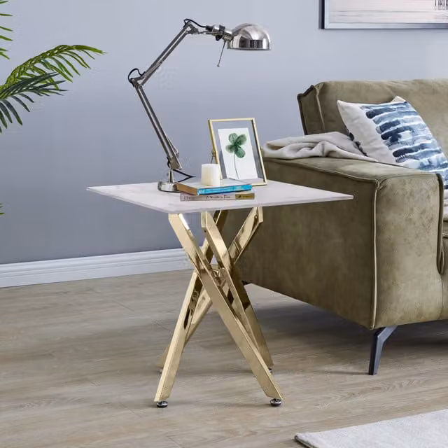 FurnitureboxUK Leonardo Modern Square Side Table with White Glass Marble Top and Gold Metal X-Frame Legs