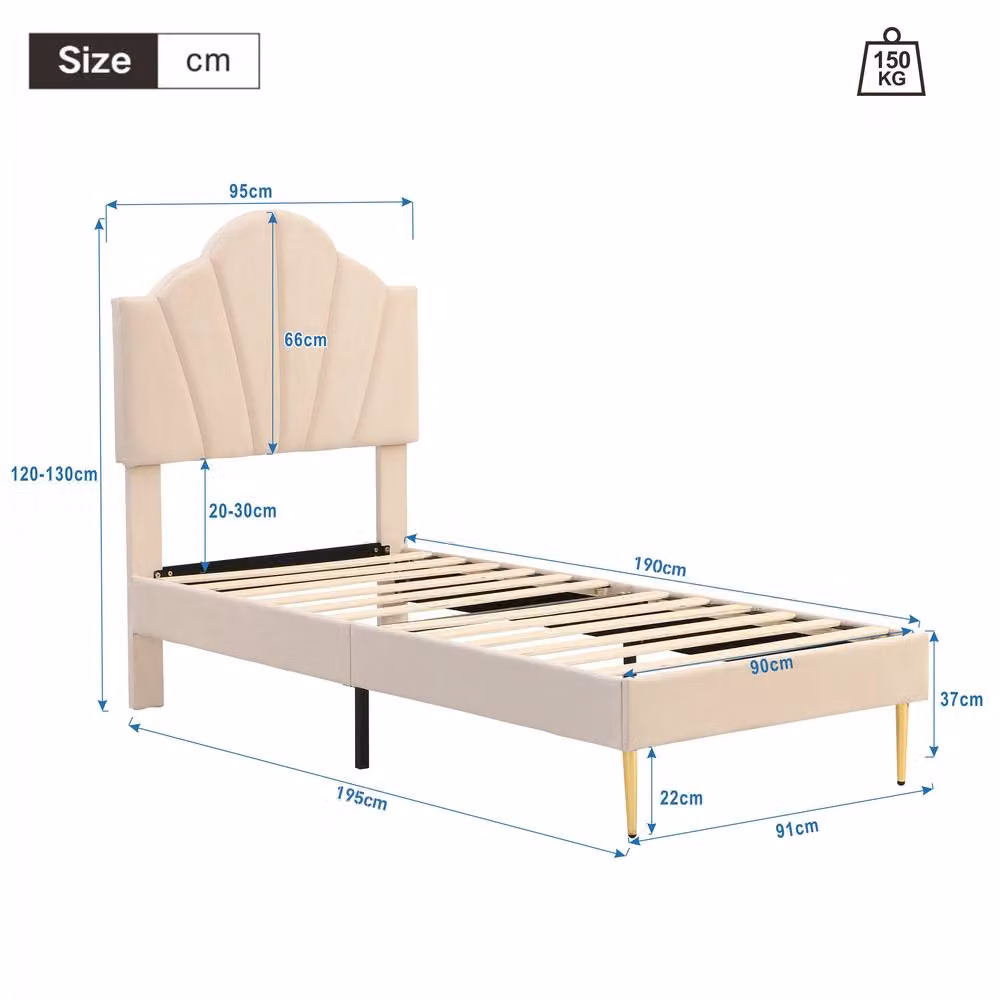 Matteo Velvet Upholstered Single Bed in Beige and Gold, 90 x 190 cm – 3