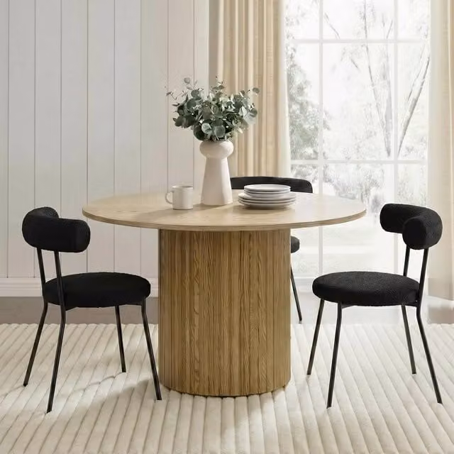 OHS Madison Ribbed Round Dining Table in Light Oak Wood Effect with Beige Matt Finish – 1